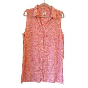 Sigrid Olsen 100% Linen Swim Coverup L Pink Orange Ocean Printed Button Up Beach